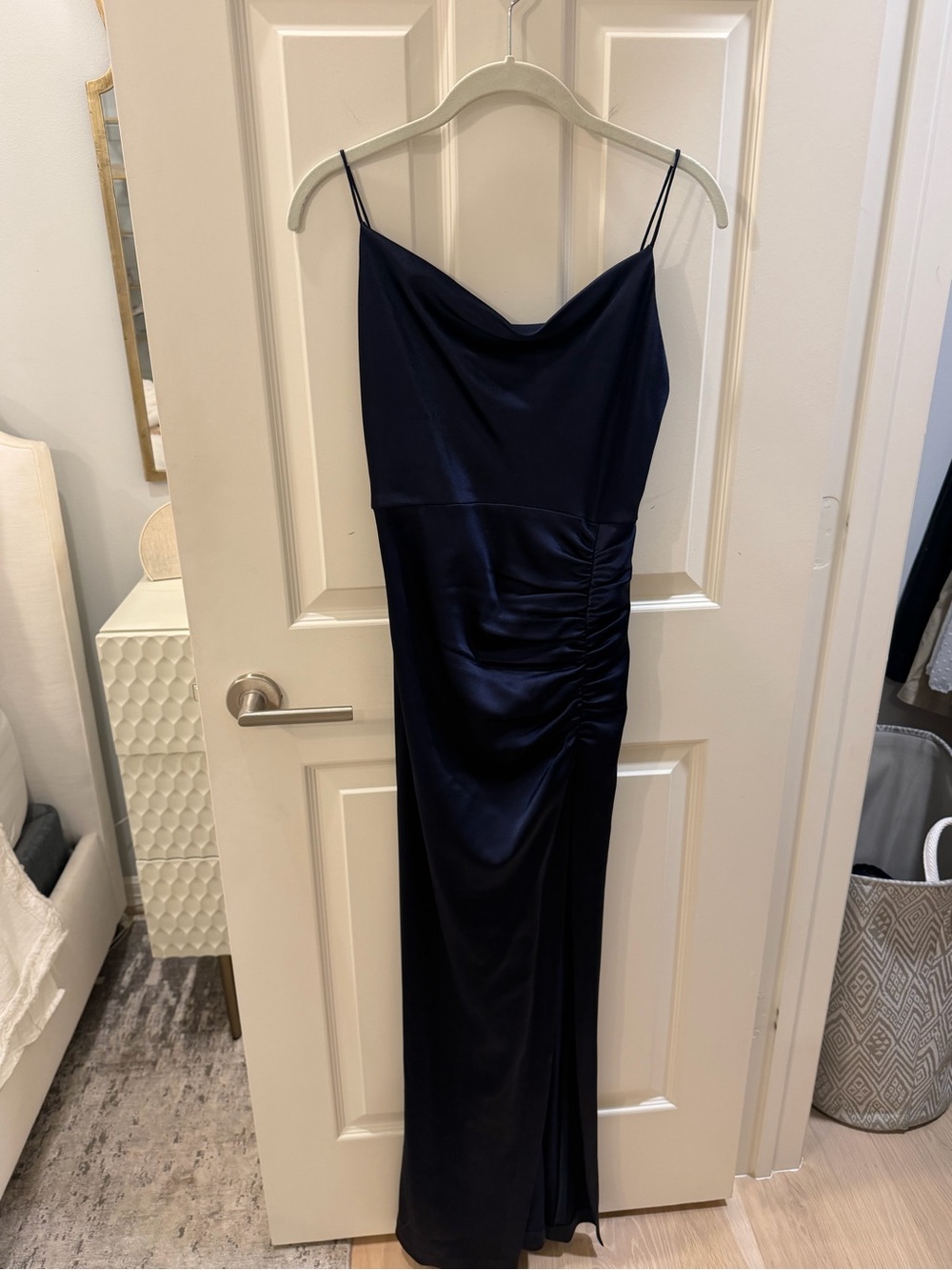 Alice & Olivia Navy Satin Cowl Neck Slip Dress with Side Ruched Slit - Picture 2 of 4